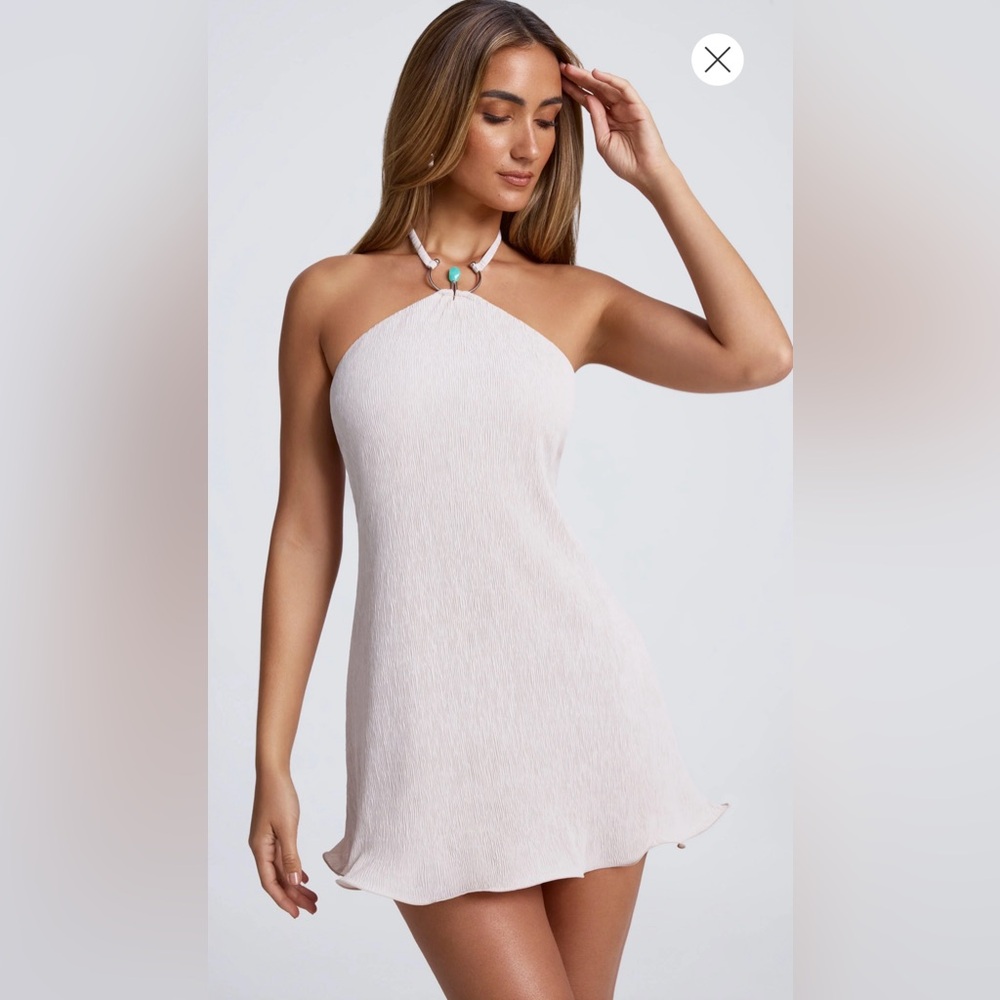 Hardware Detail Open-Back Halterneck Micro Mini Dress in Sky Grey